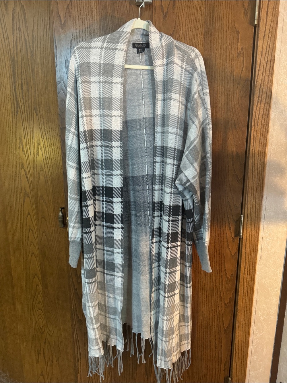 Rachel Zoe Gray Plaid Fringe Knit Duster Coat